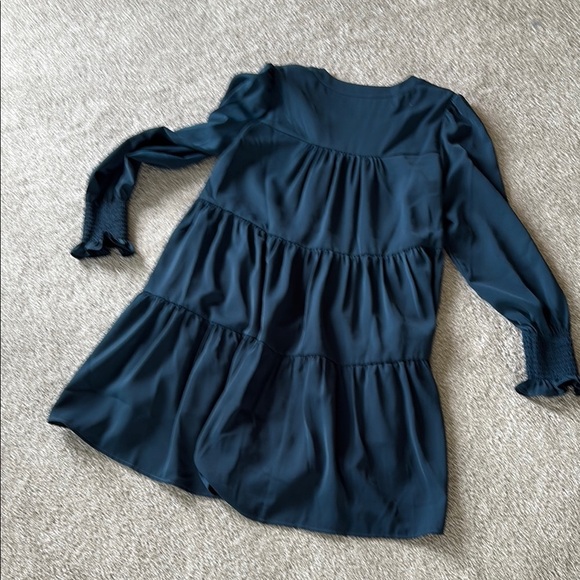 Blue Teal Mini Dress with V-Neck and Bishop Sleeves - Picture 9 of 9